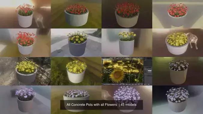All Concrete Pots with all Flowers  3D Model Collection