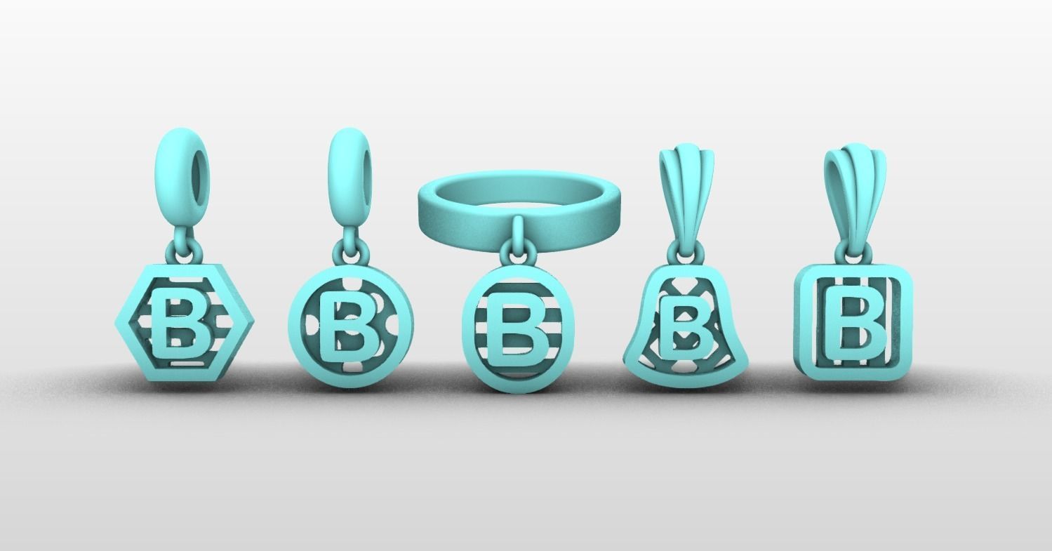 Initial letter charm with 5 different shapes - Alphabet B 3D print model_3