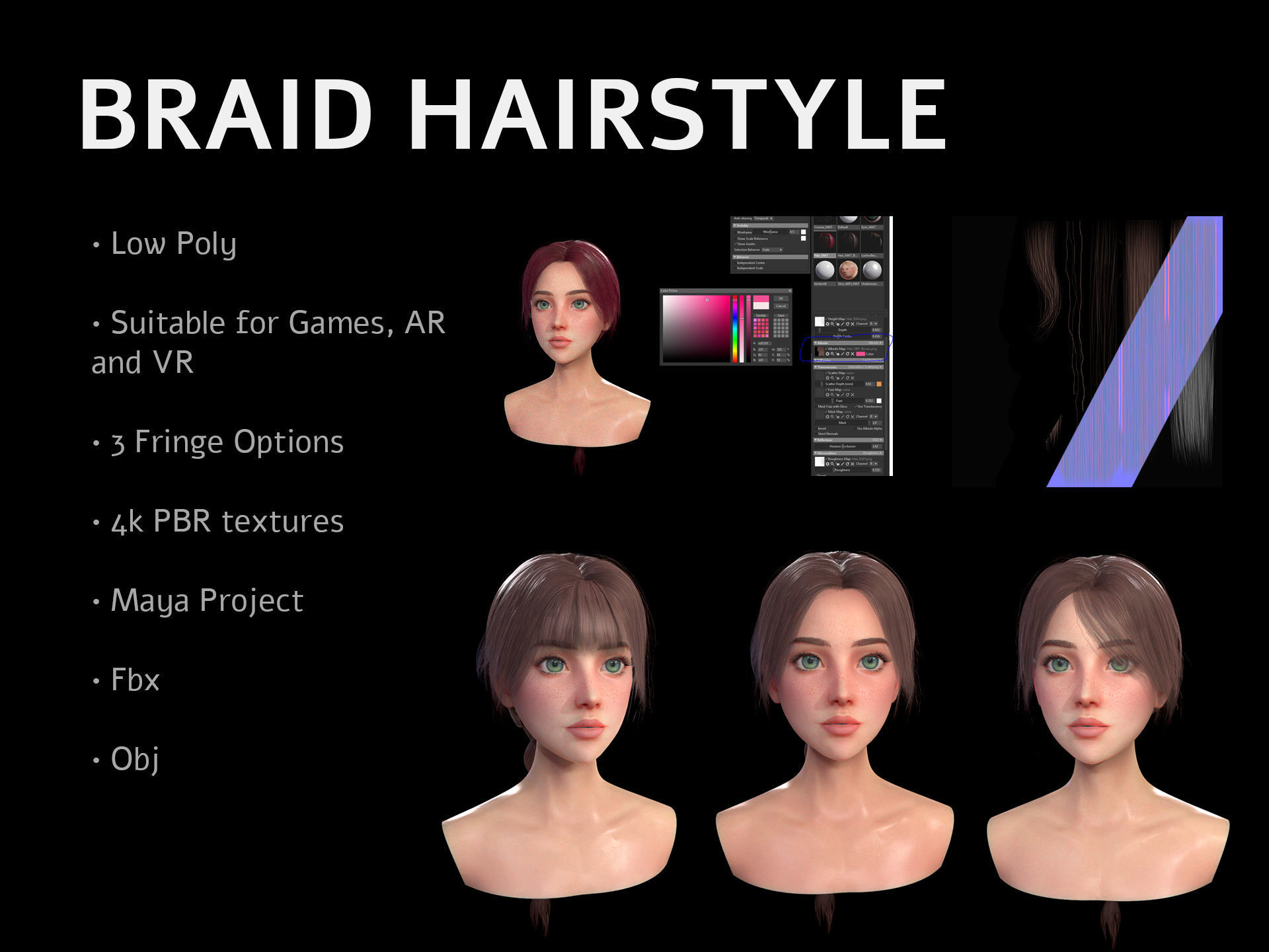 Realtime Long Braid Hairstyle - Game Ready  Low-poly 3D model_2