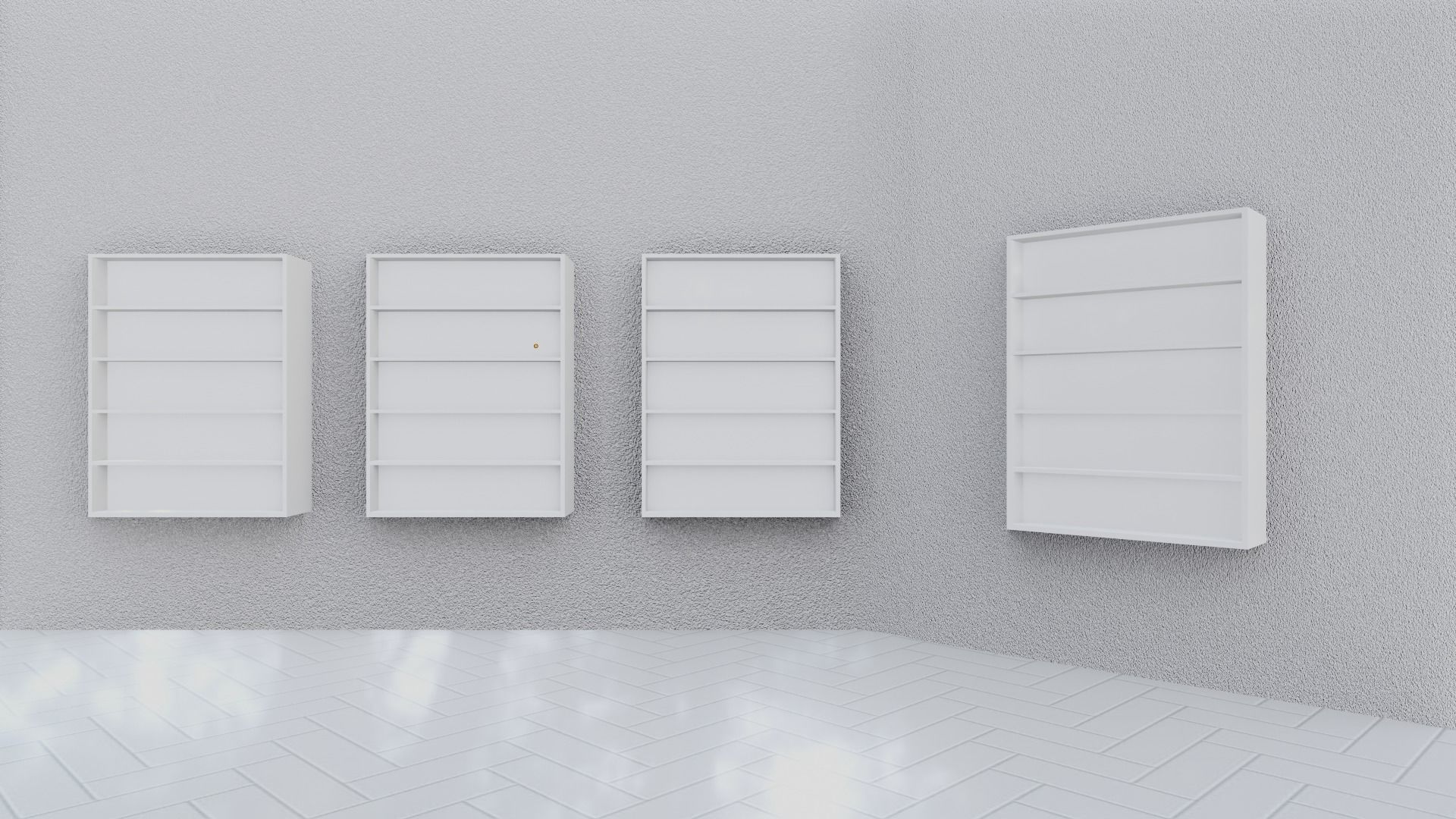 Empty room with white shelves simple store layout 3D model_2