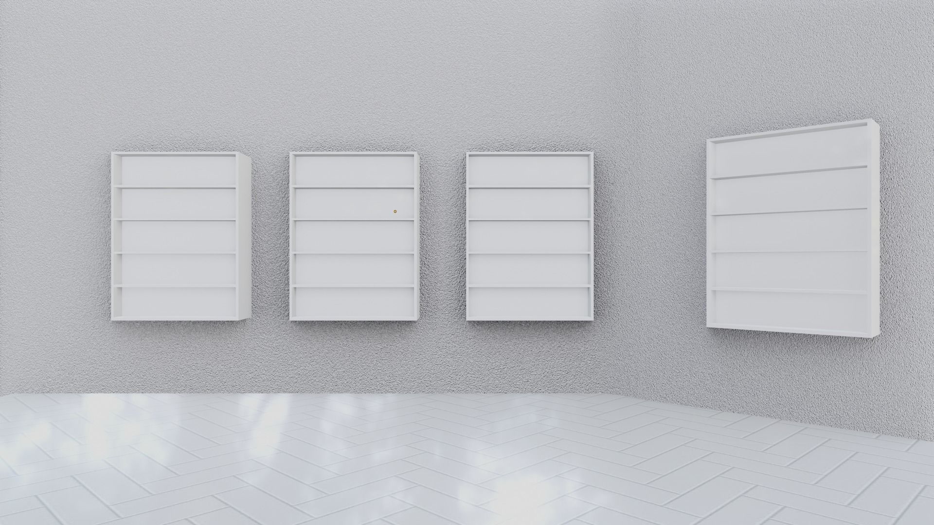 Empty room with white shelves simple store layout 3D model_1