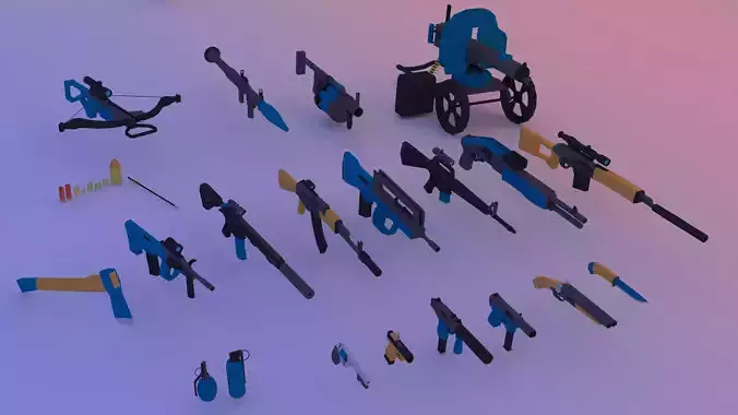 Low poly pack guns Animated - AK-47 - M16 - AR15 -UZI- 3D model  Low-poly 3D model