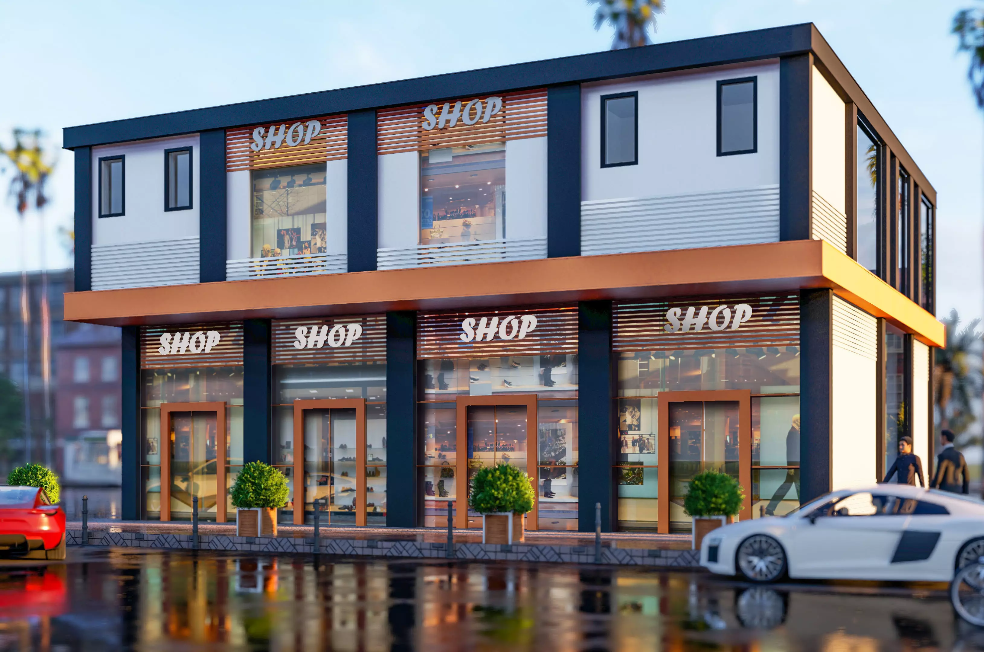 shops shop building on corner of street 3D model_0