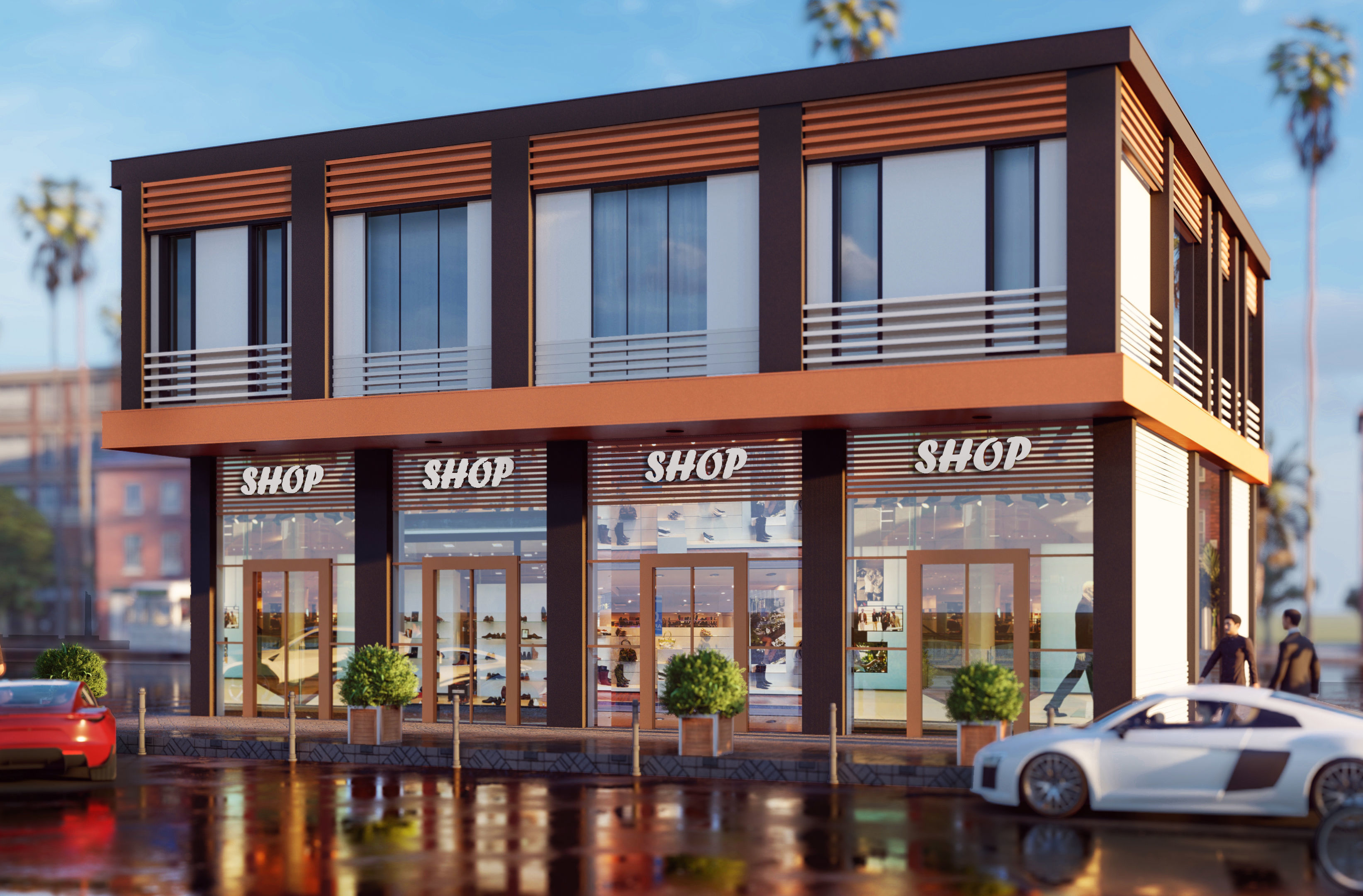 shops shop building on corner of street 3D model_1
