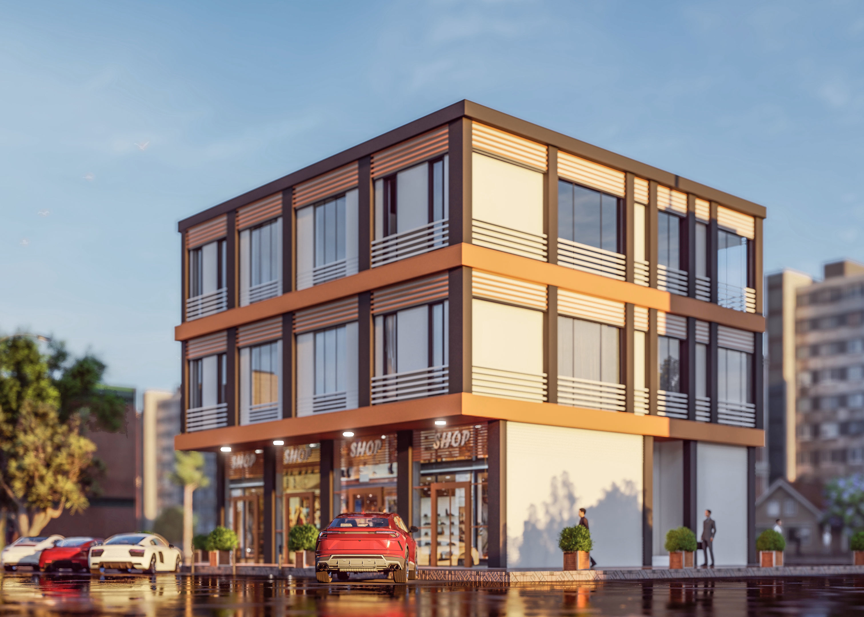 shops shop building on corner of street 3D model_2