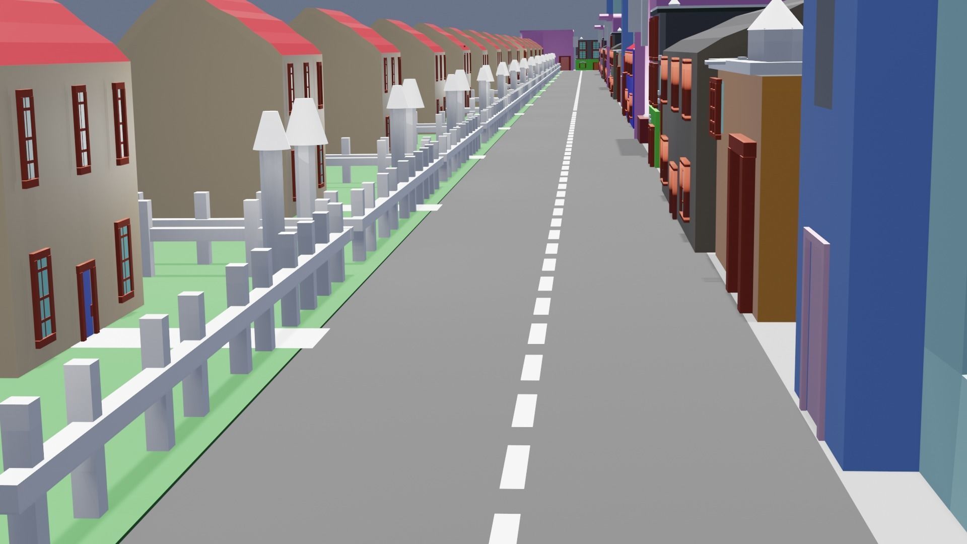 City low poly street with houses and buildings Low-poly 3D model_4