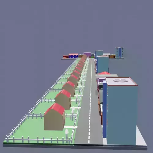 City low poly street with houses and buildings
