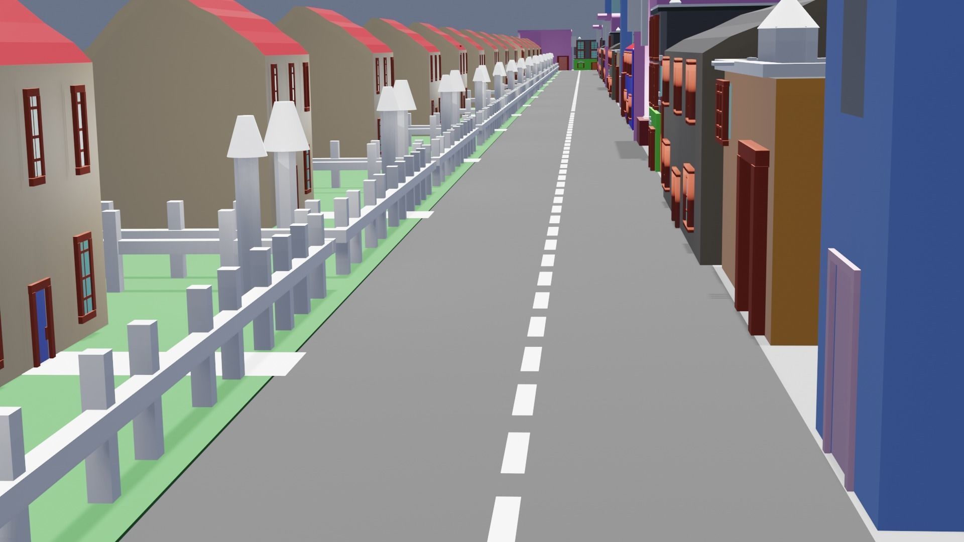 City low poly street with houses and buildings Low-poly 3D model_7
