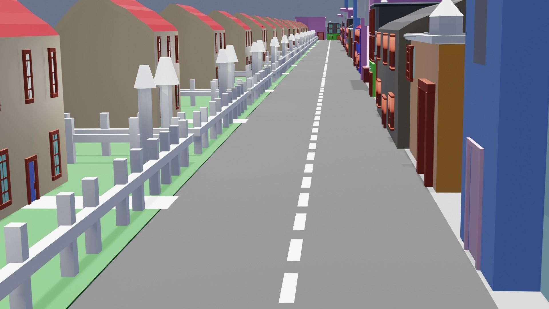 City low poly street with houses and buildings Low-poly 3D model_6