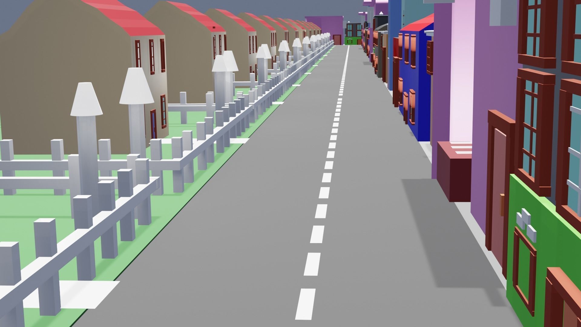 City low poly street with houses and buildings Low-poly 3D model_31