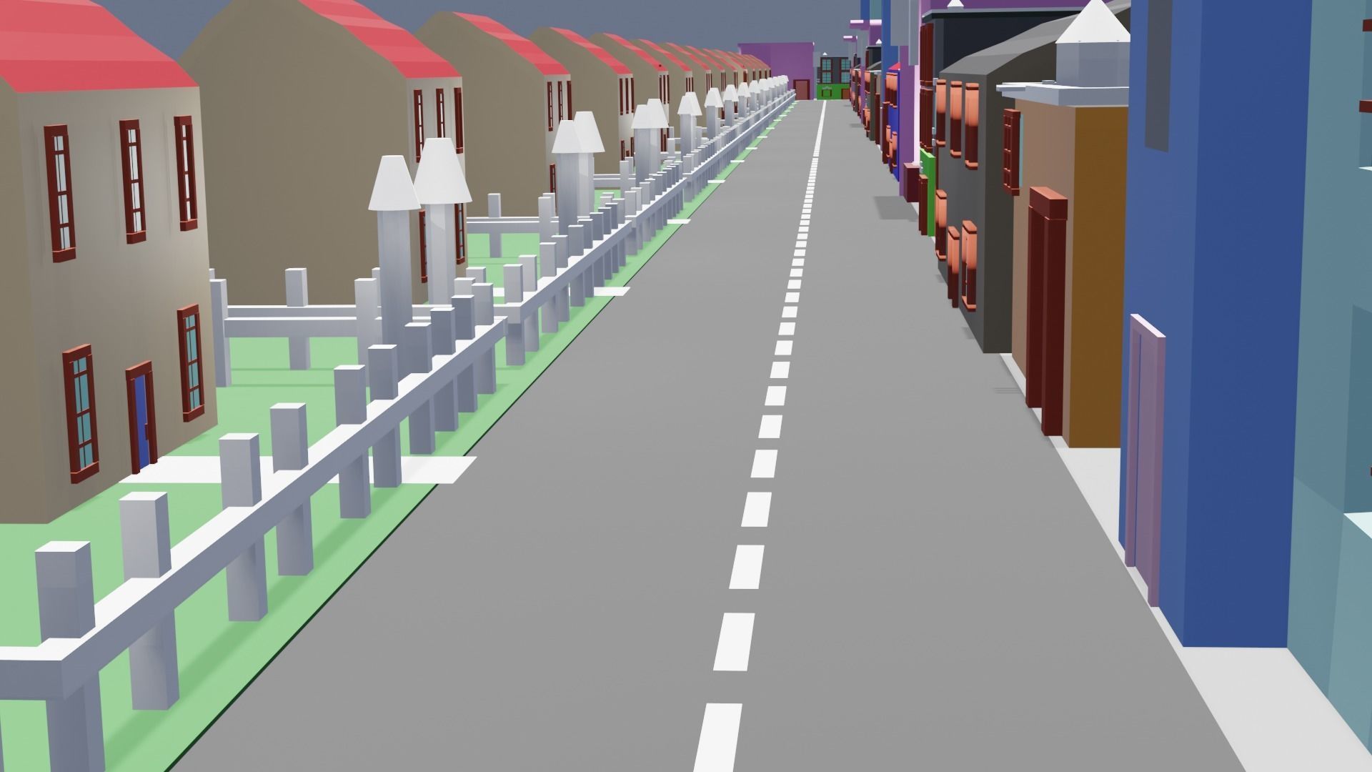 City low poly street with houses and buildings Low-poly 3D model_2