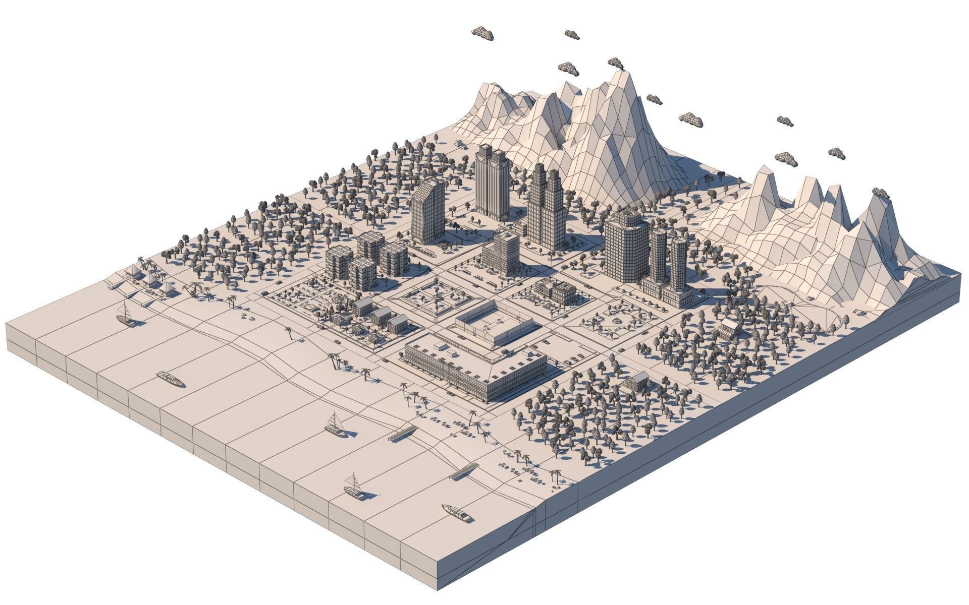 Low Poly City with mountains and water Low-poly 3D model_18