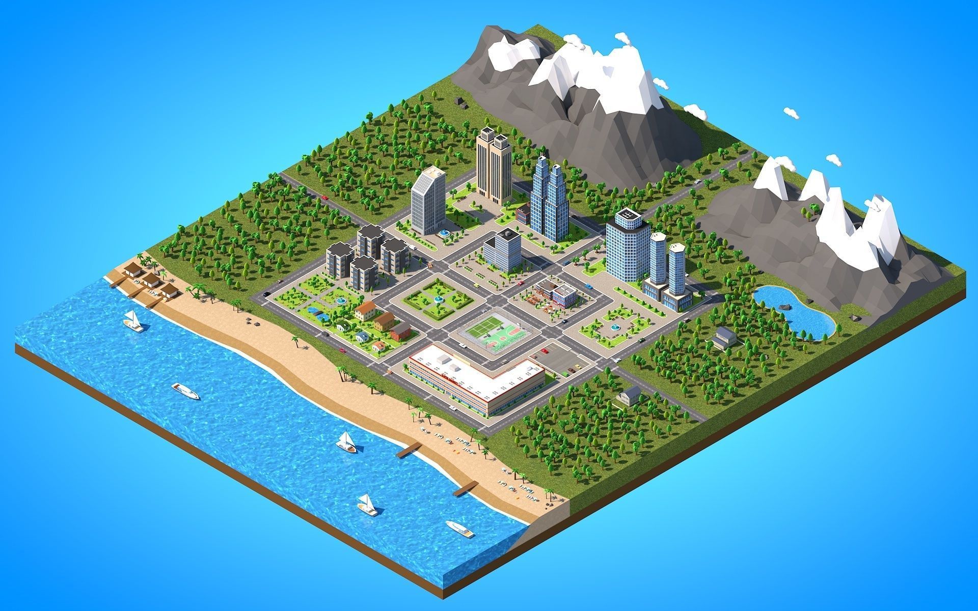 Low Poly City with mountains and water Low-poly 3D model_3