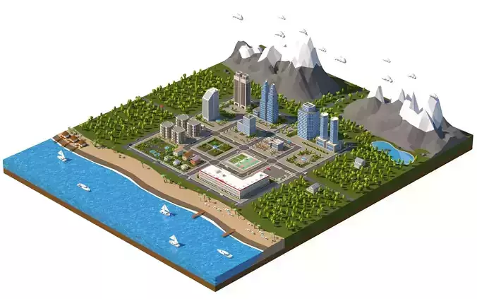 Low Poly City with mountains and water