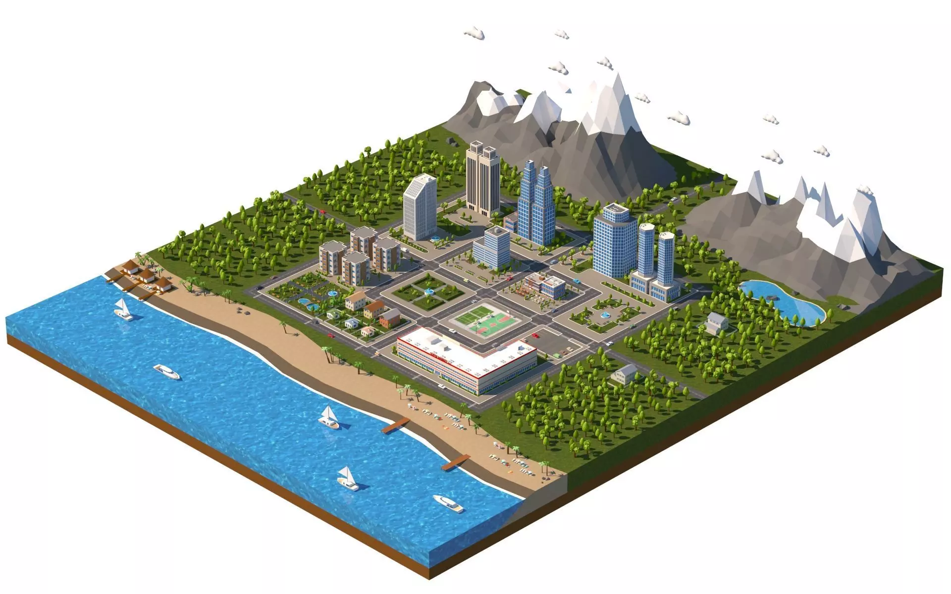 Low Poly City with mountains and water Low-poly 3D model_0