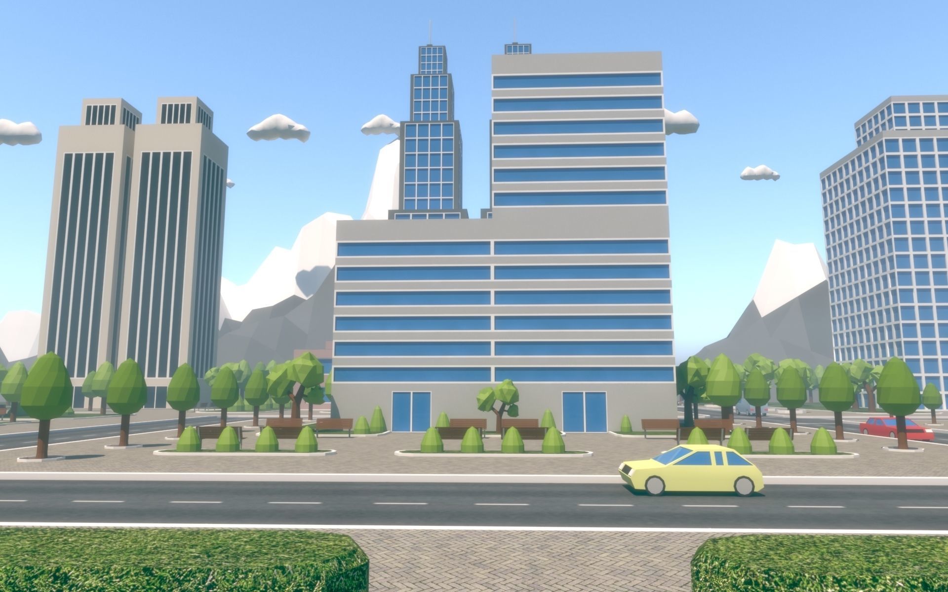 Low Poly City with mountains and water Low-poly 3D model_13