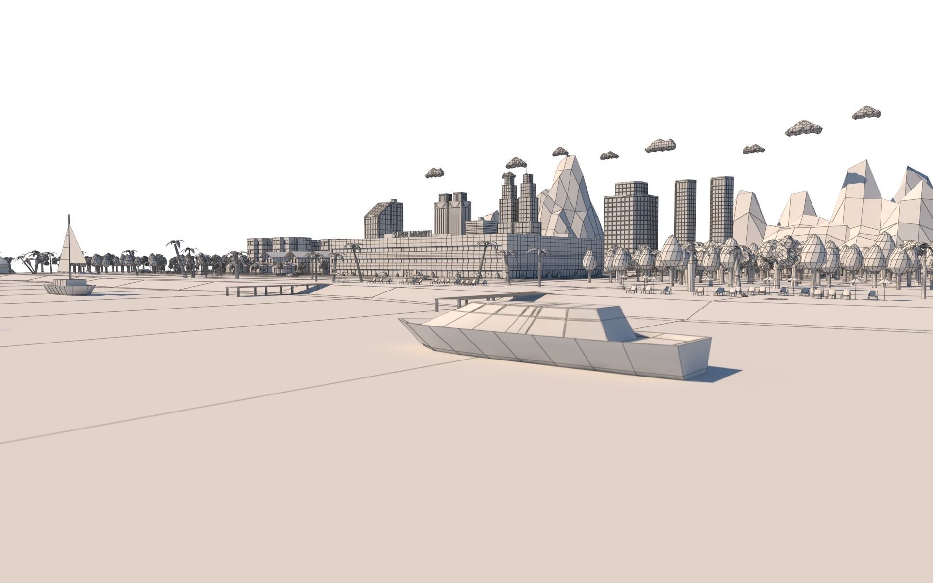 Low Poly City with mountains and water Low-poly 3D model_20