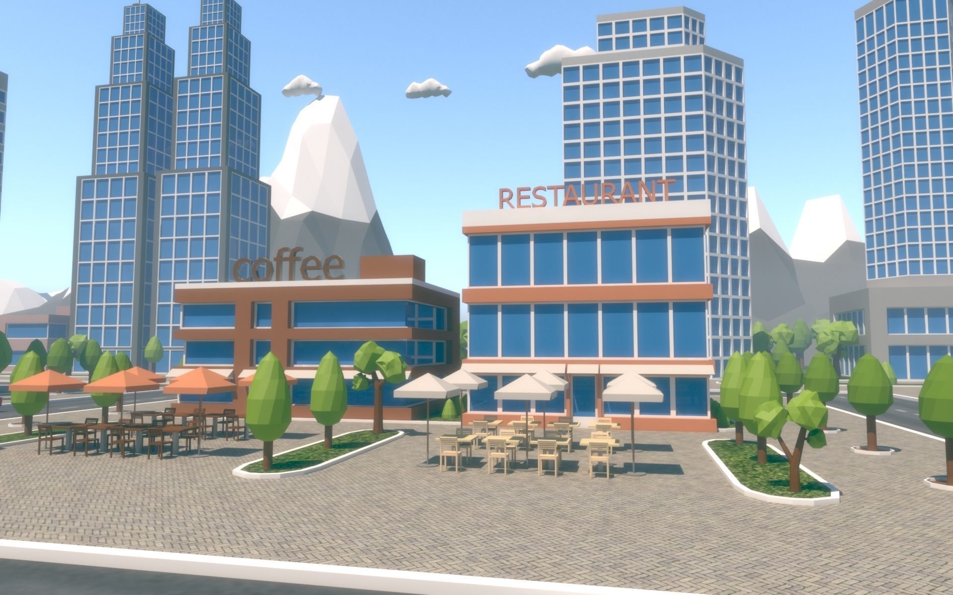 Low Poly City with mountains and water Low-poly 3D model_12