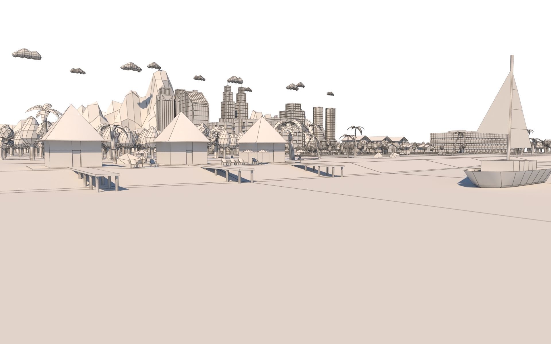 Low Poly City with mountains and water Low-poly 3D model_19