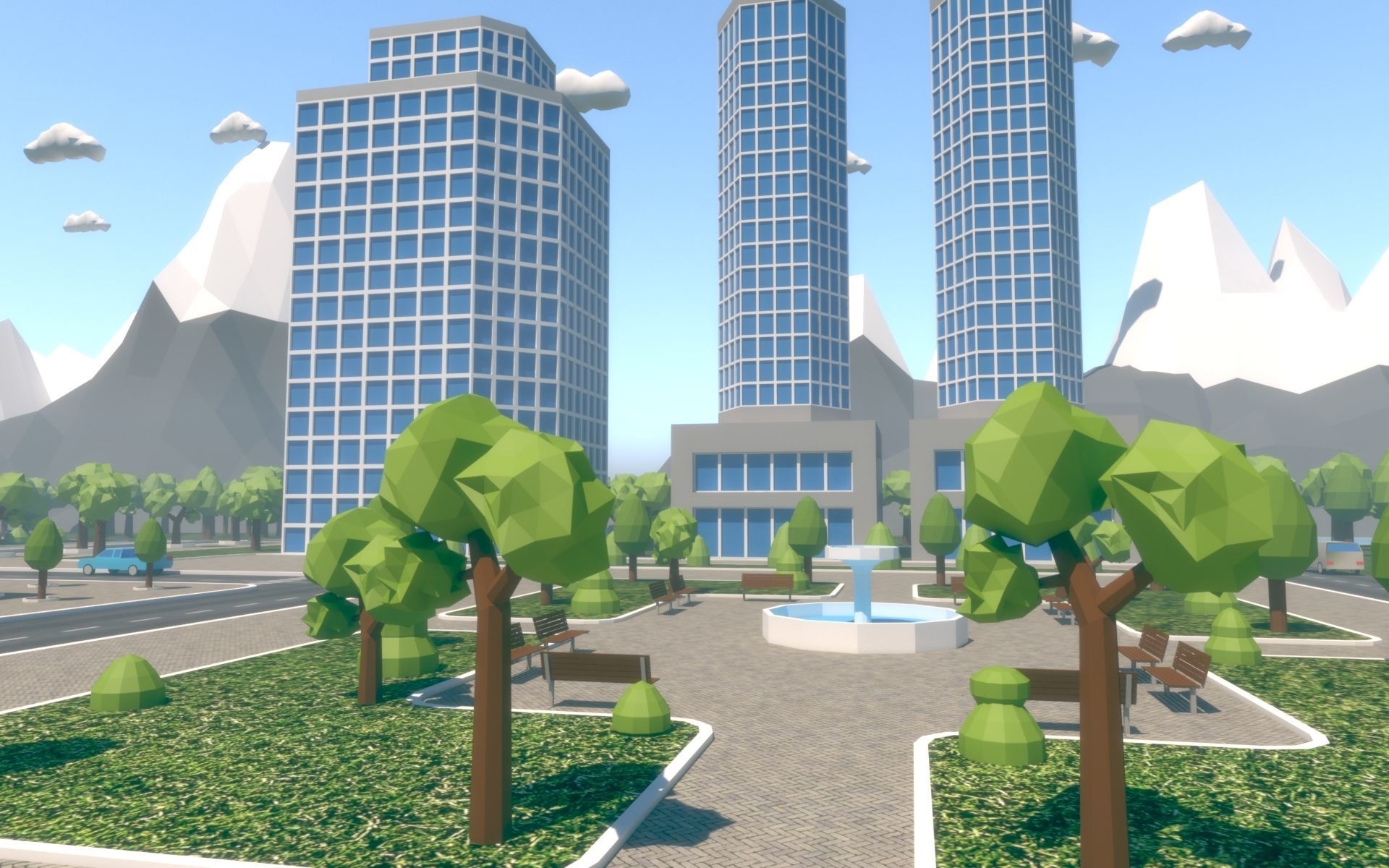 Low Poly City with mountains and water Low-poly 3D model_11