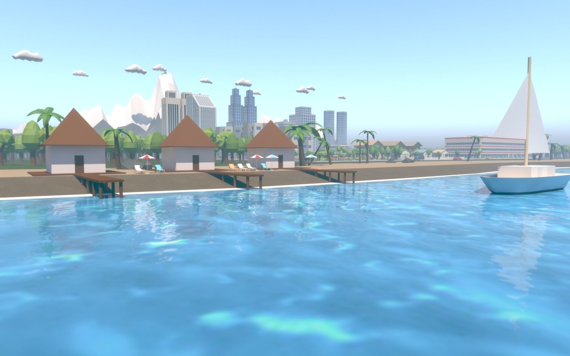 Low Poly City with mountains and water Low-poly 3D model_4