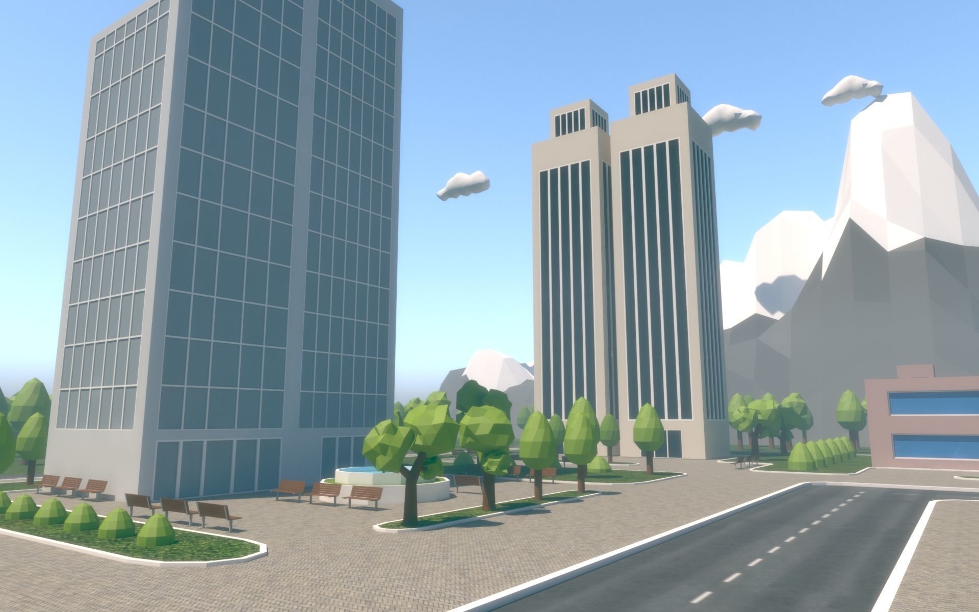 Low Poly City with mountains and water Low-poly 3D model_15