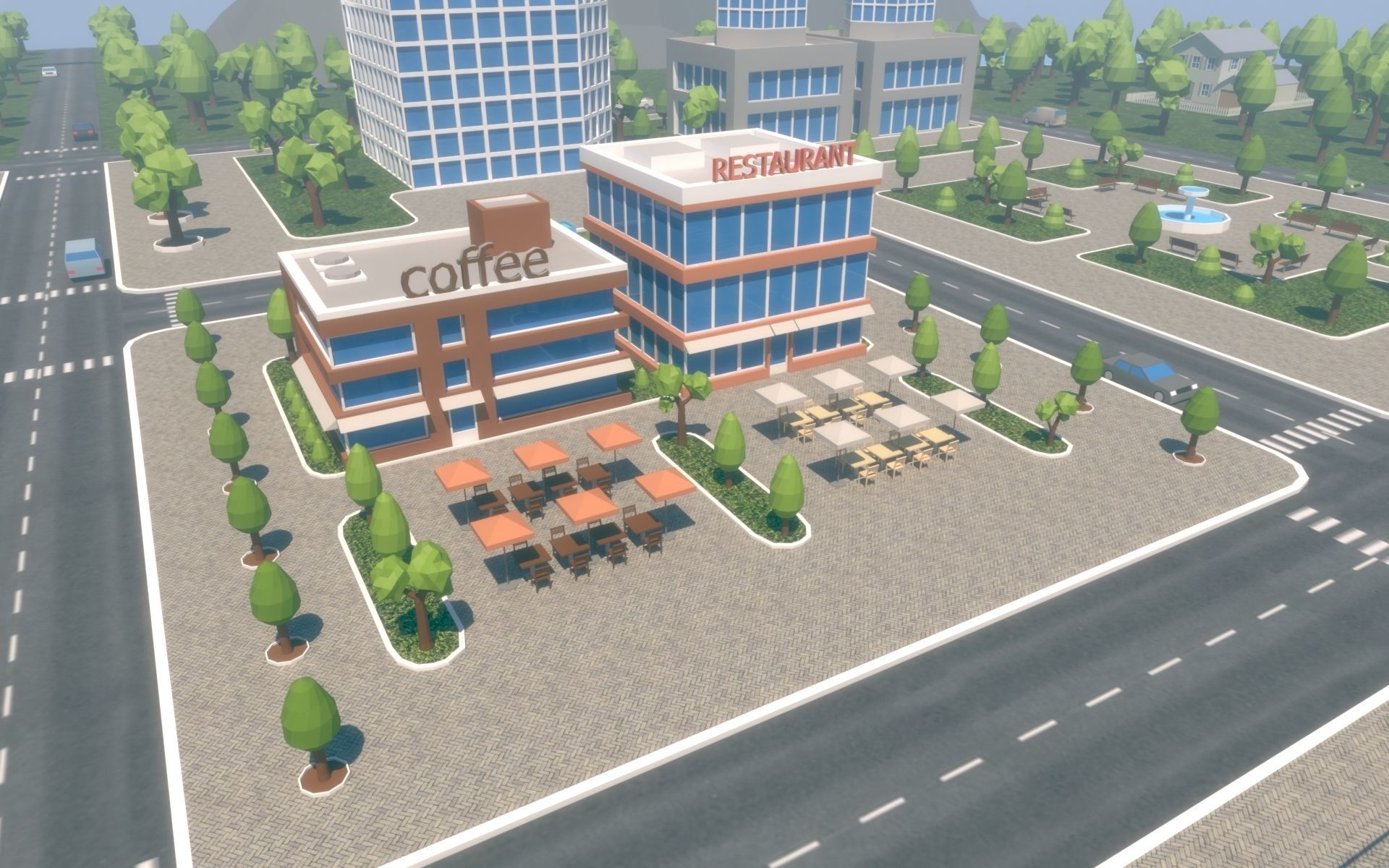 Low Poly City with mountains and water Low-poly 3D model_17