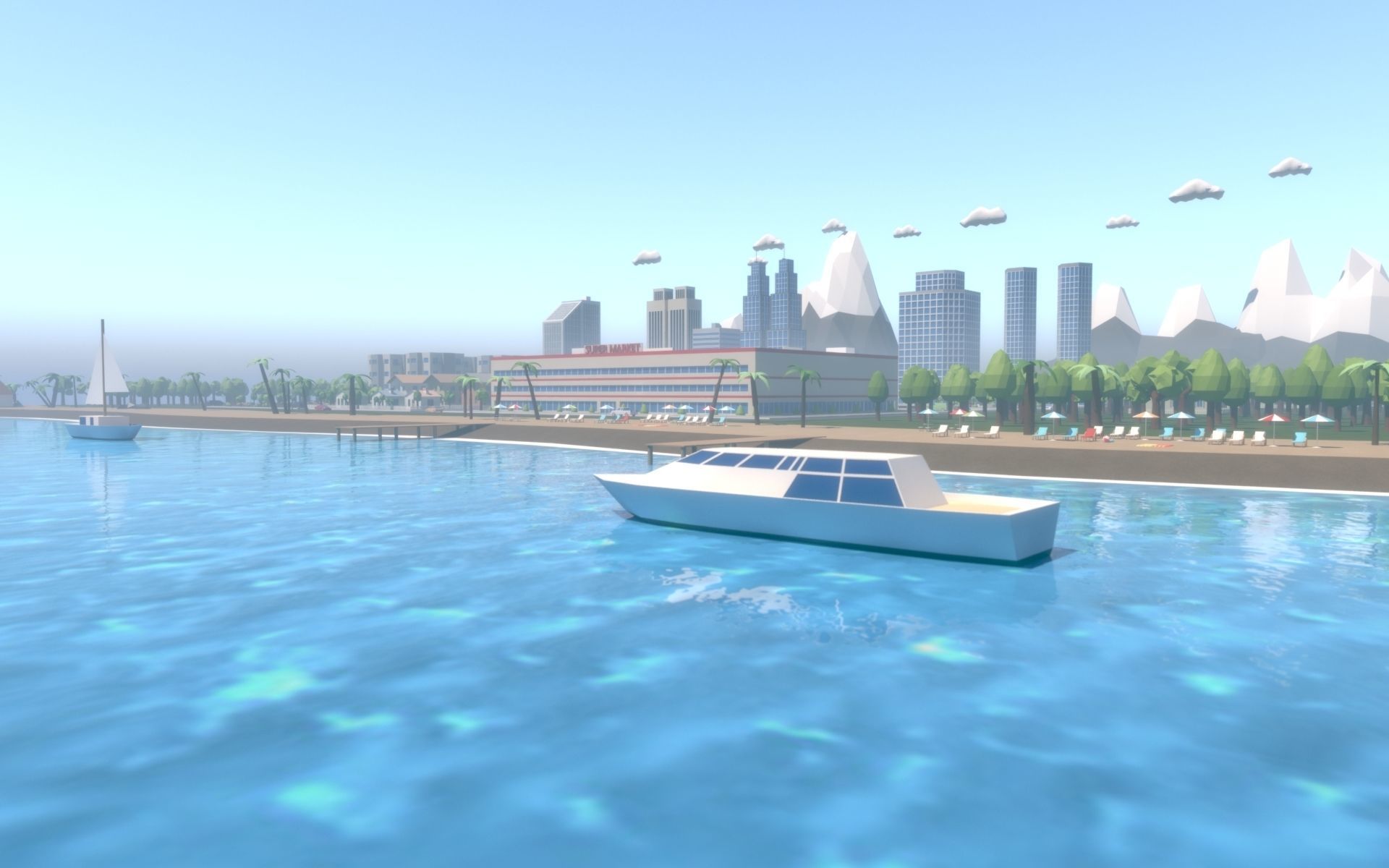 Low Poly City with mountains and water Low-poly 3D model_9