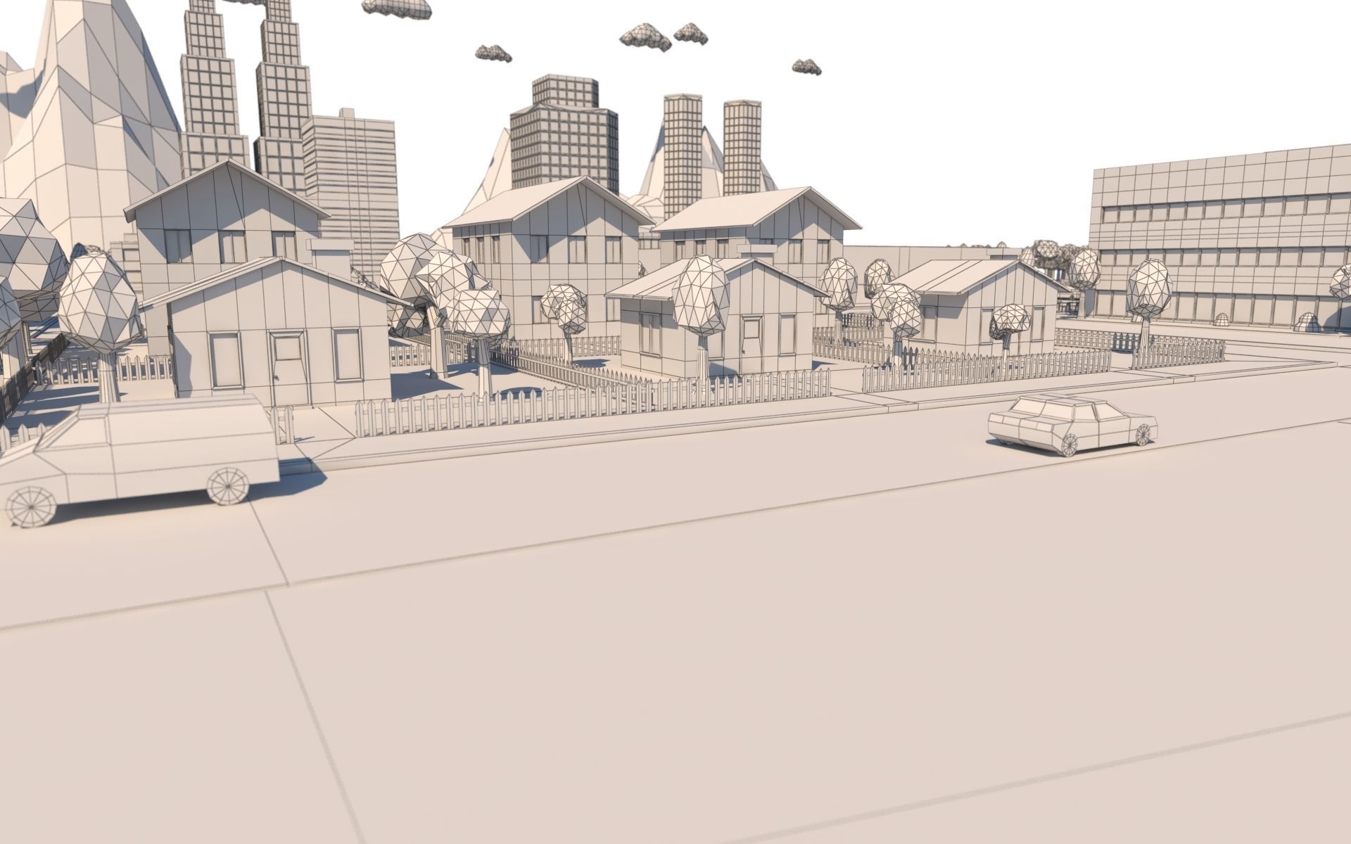 Low Poly City with mountains and water Low-poly 3D model_21