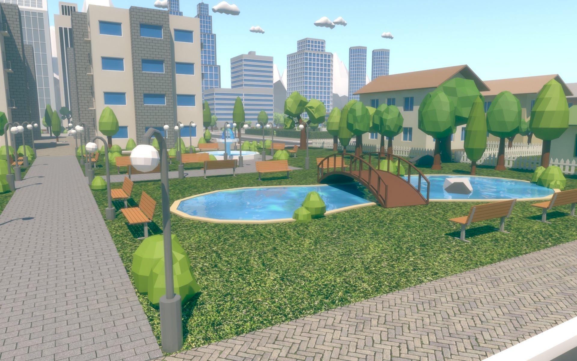 Low Poly City with mountains and water Low-poly 3D model_7