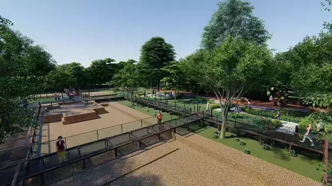 3d wad skate park with people and trees