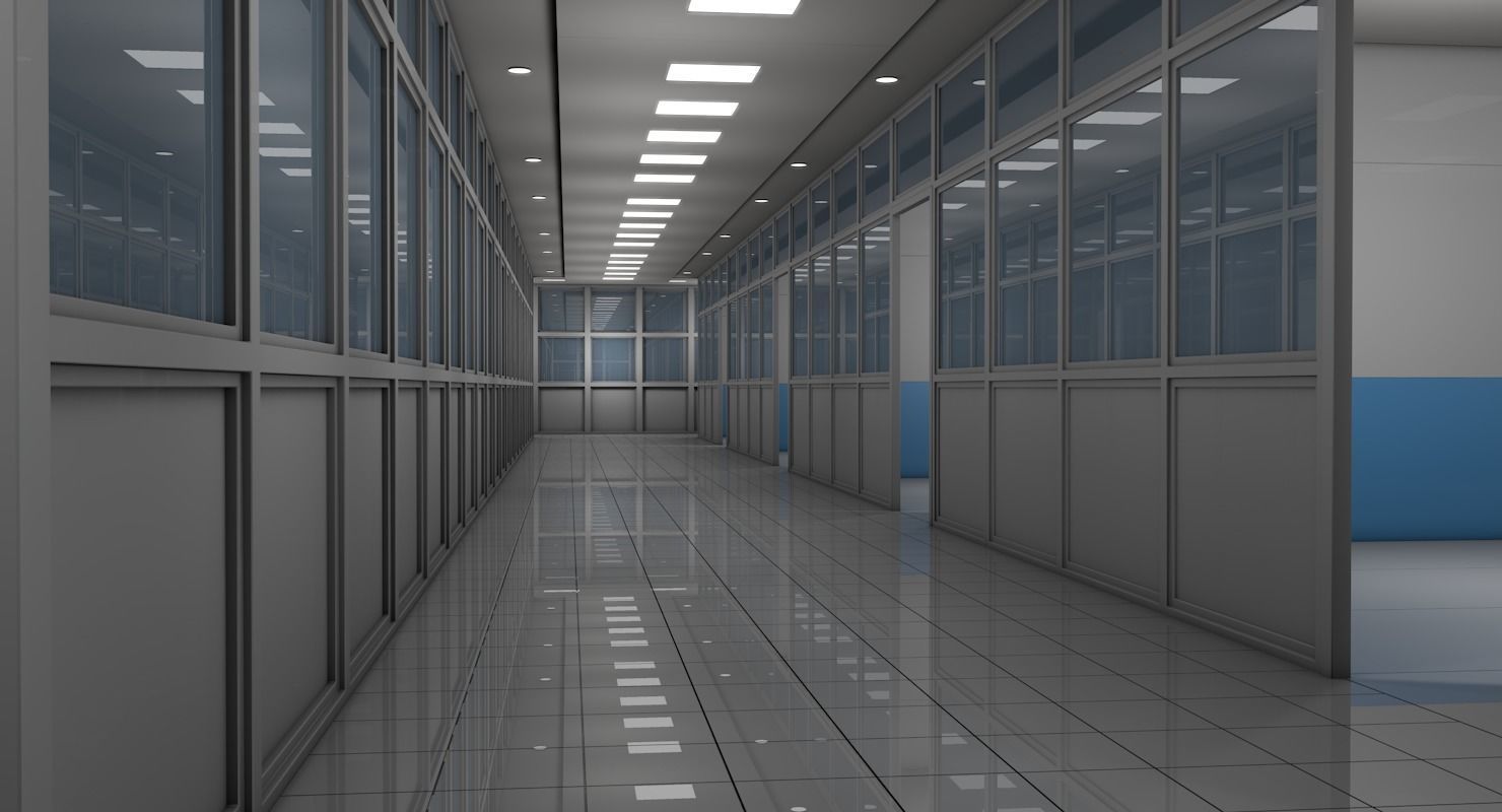 Hospital corridor with Empty rooms 3D model_2