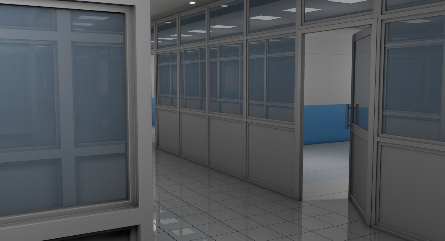 Hospital corridor with Empty rooms 3D model_3