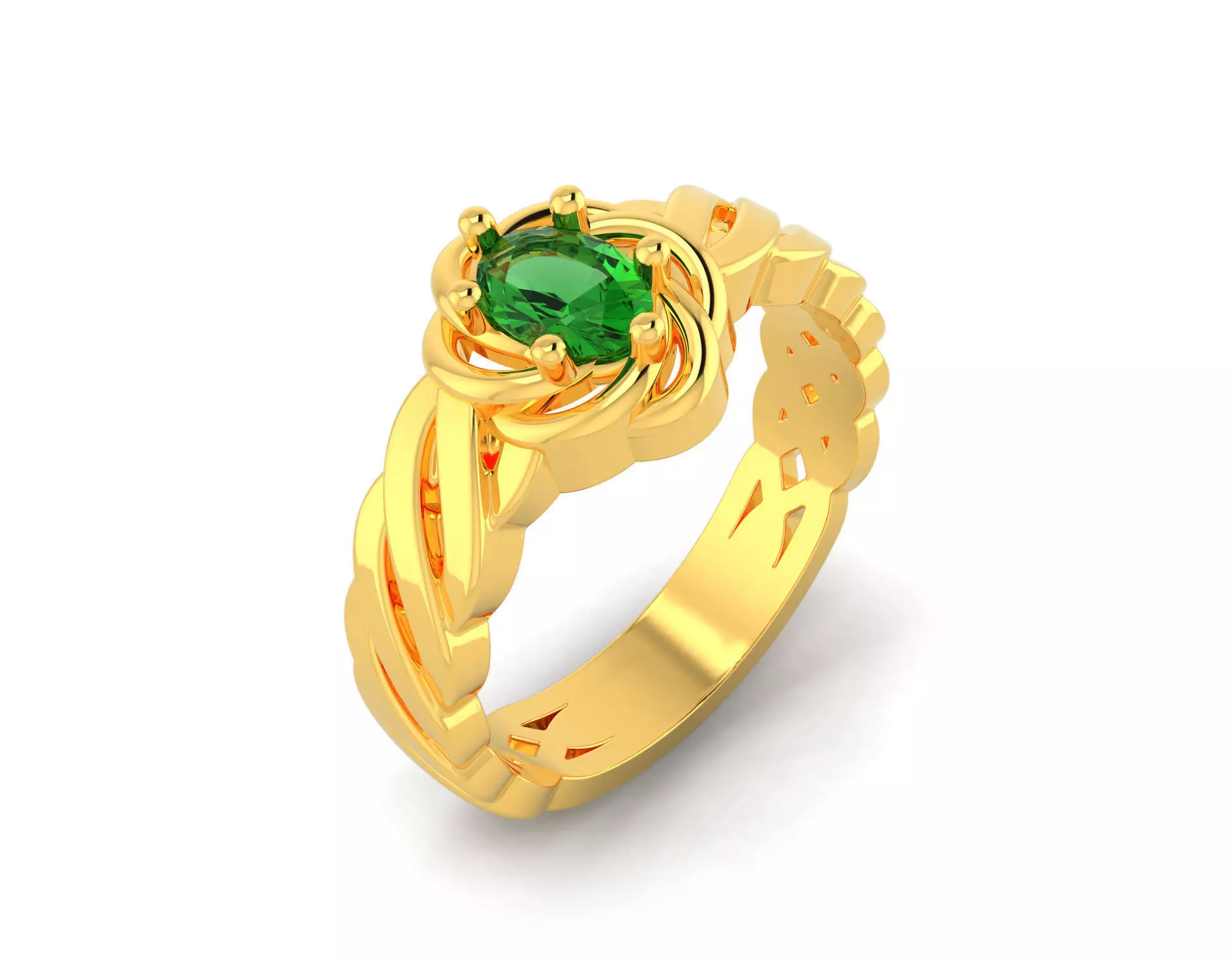 D-0613 gold ring with emerald stone 3D print model_0