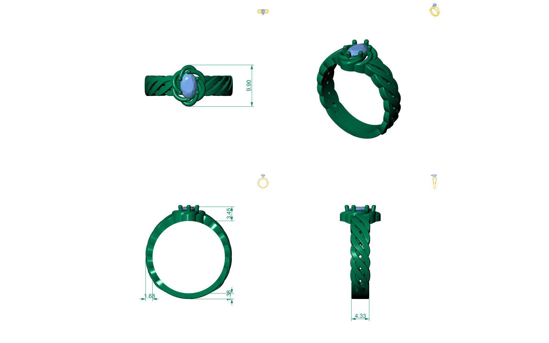 D-0613 gold ring with emerald stone 3D print model_3