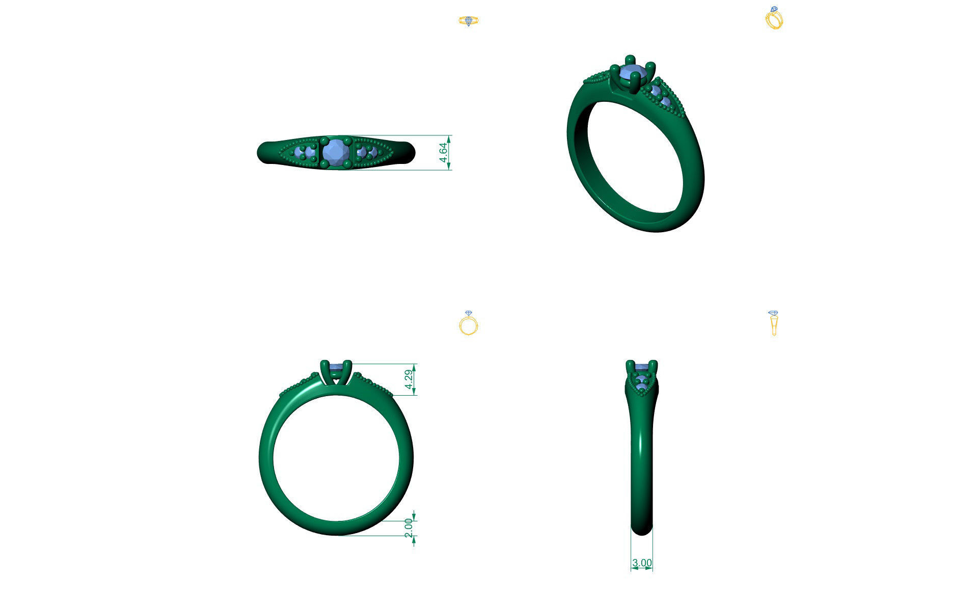 D-0644 diamond engagement ring gold 3D print model_3