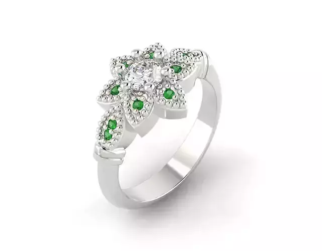 D-0722 emerald and diamond flower ring