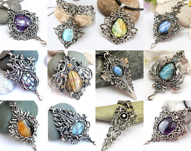 A bundle of fantasy pendants 3d models with stones for oxidizing 3D print model