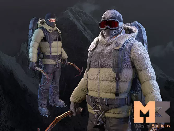 Climber mountaineer wearing ski jacket and goggles Low-poly 3D model_0