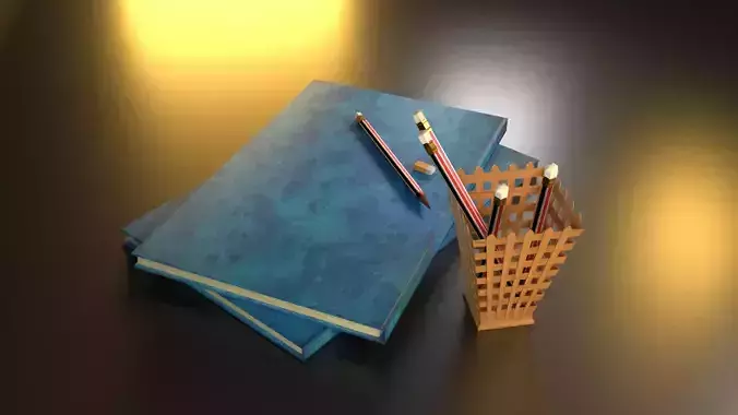 pencil and books with bucket