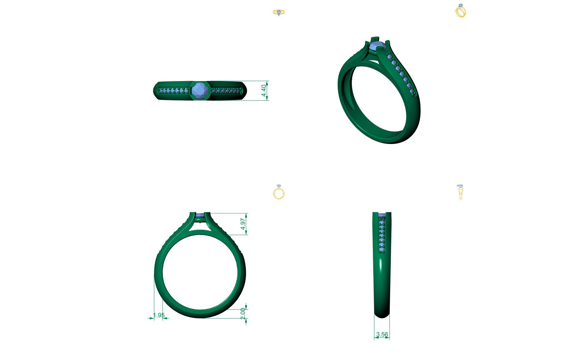 D-0984 diamond engagement ring gold 3D print model_3