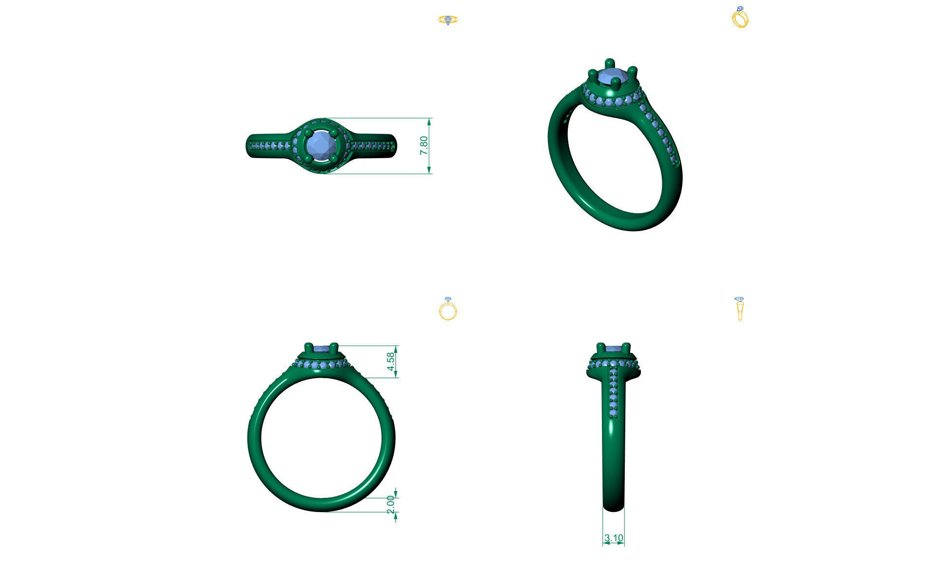 D-0995 diamond engagement ring gold 3D print model_3