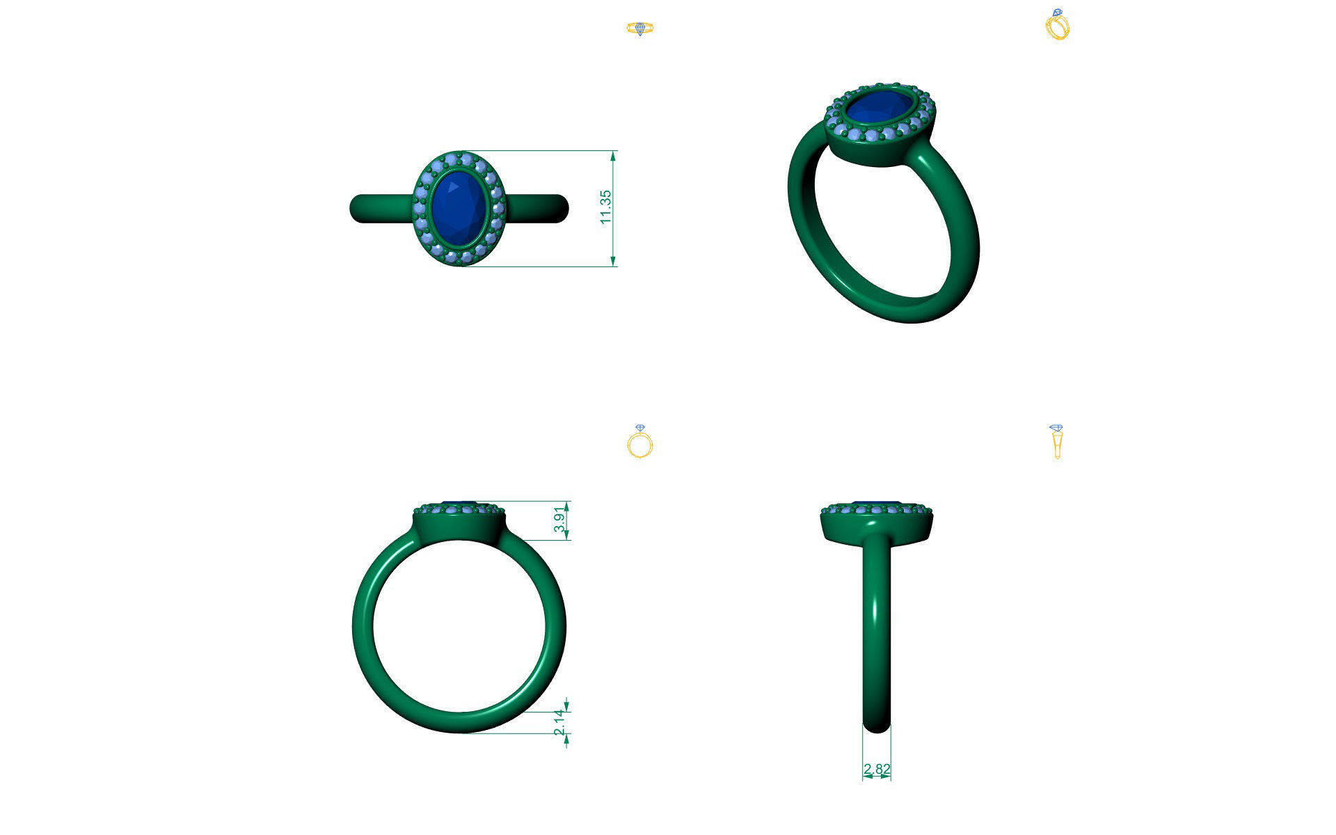 D-1040 oval emerald and diamond ring gold 3D print model_3