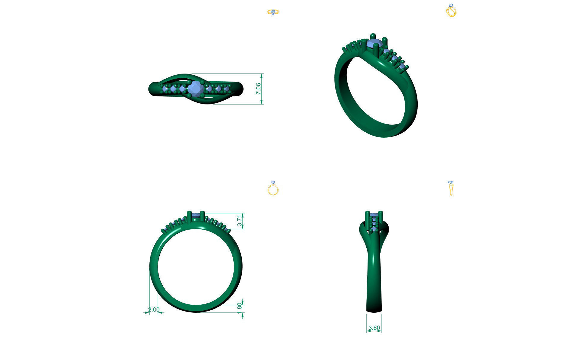 D-1062 diamond engagement ring gold 3D print model_3