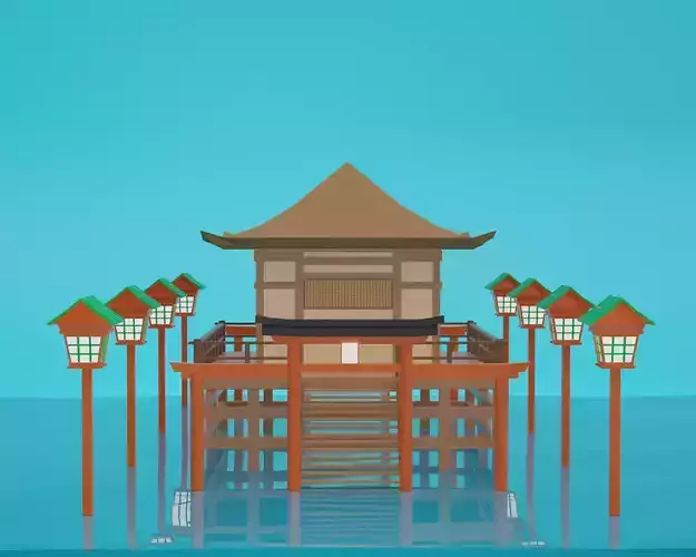 Low Poly Shrine 3D Model japanese pagoda on water