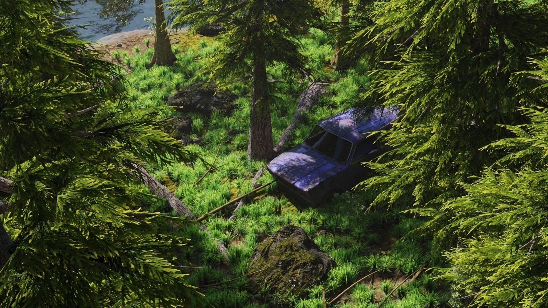 Abandoned Car in Forest Scene 3D model_2