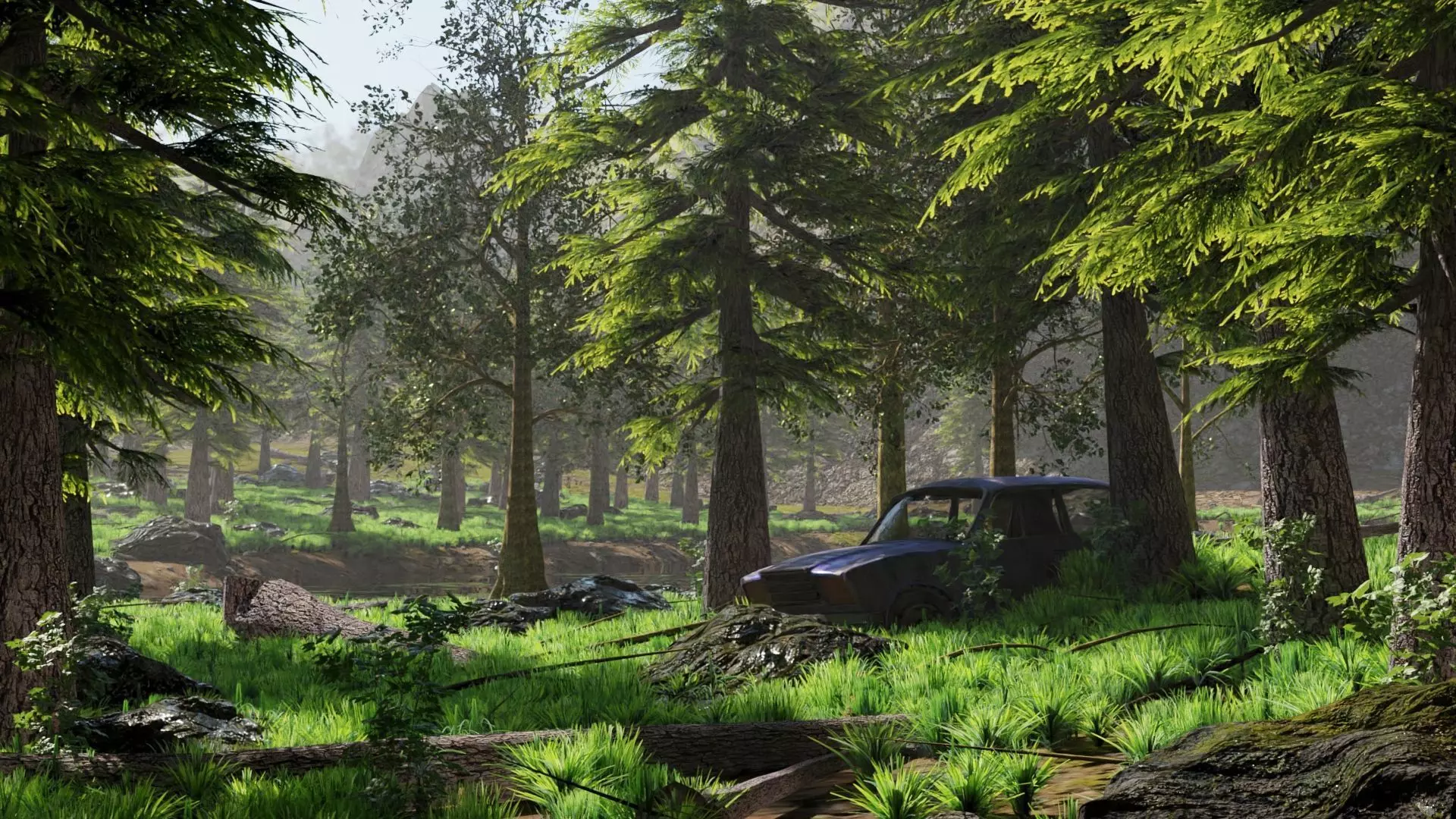 Abandoned Car in Forest Scene 3D model_0