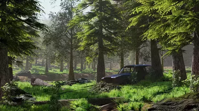 Abandoned Car in Forest Scene 3D model