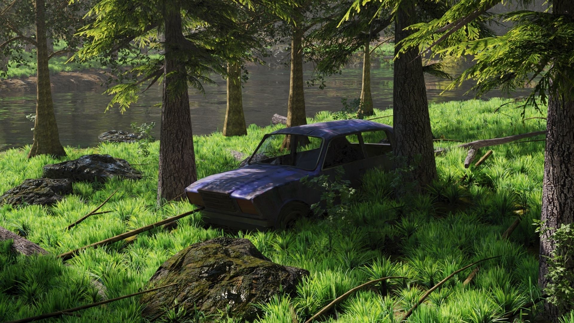 Abandoned Car in Forest Scene 3D model_1