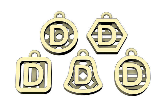 Initial letter charm with 5 different shapes - Alphabet D 3D print model